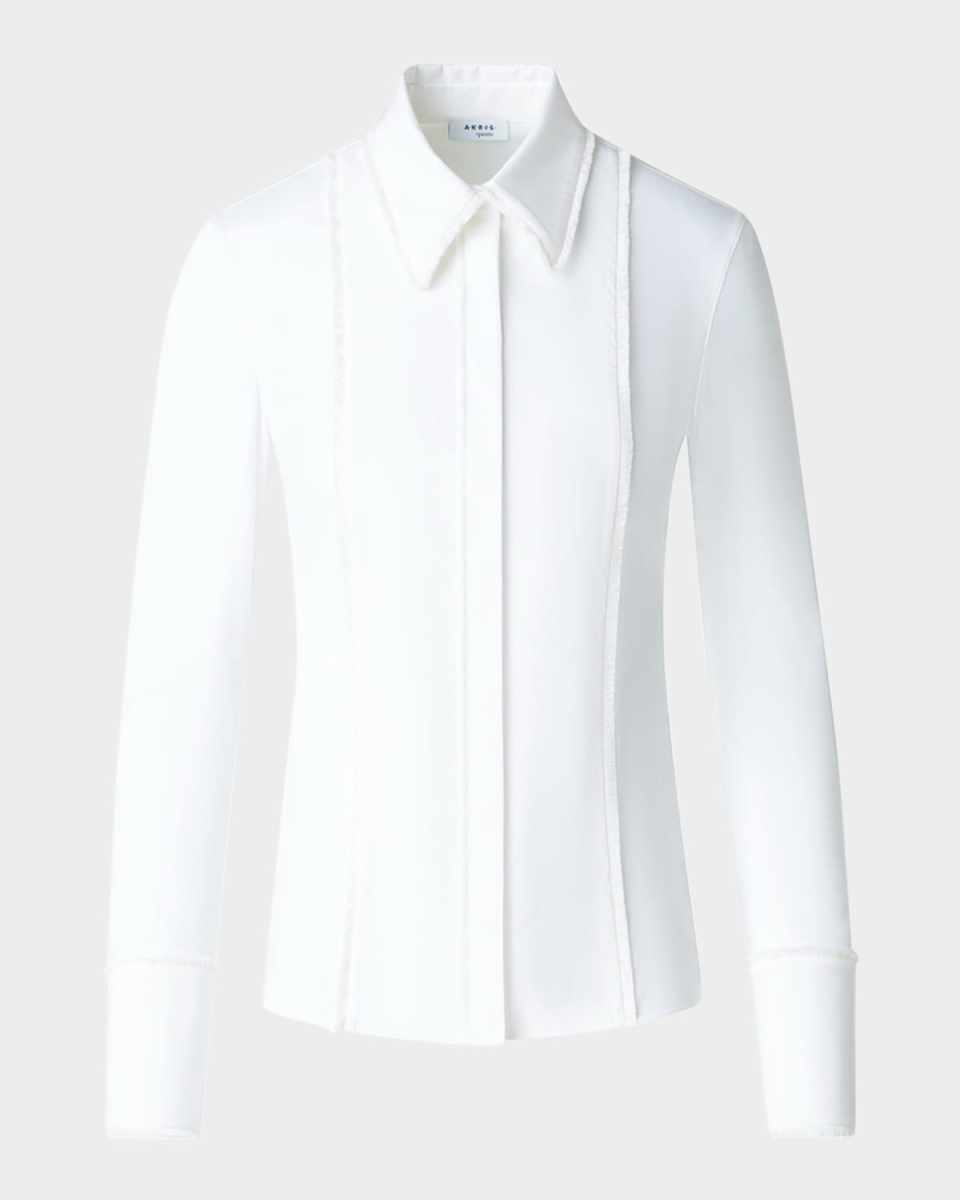 Mixed-Media Fringed Button-Down Blouse